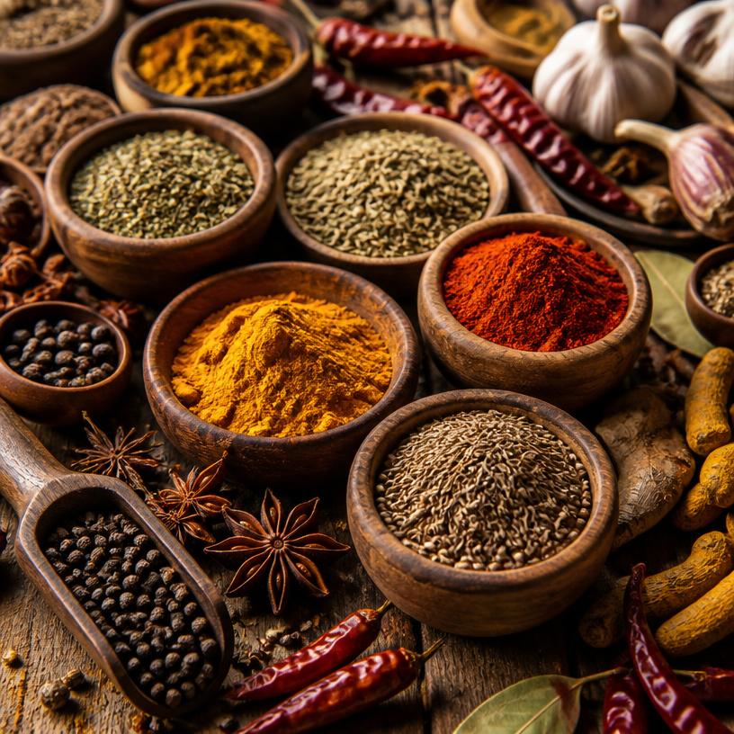 Dried spices and herbs in wooden bowls